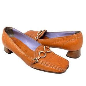 Prada Cognac Leather Square Toe Silver Ring Chain Loafer Heels - Size 7